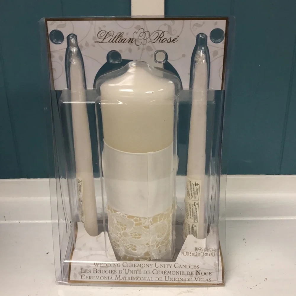 Lillian Rose Cream Lace Candle Set‎ of 3 pillar and tapers wedding ceremony